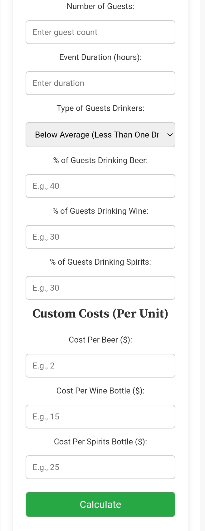 Wedding Alcohol Calculator: Estimate How Much beer, wine, spirits and Costs Wedding Alcohol Calculator